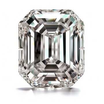 Sparkling emerald cut diamond with light refracting through facets on a white background