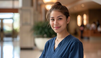 Young Asian woman in scrubs smiles confidently