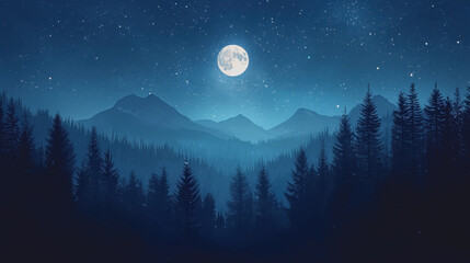 Fototapeta premium Night Adventure Under a Full Moon in a Forest Captivating Night Scene with Moonlight Illuminating Trees and Creating a Mysterious Atmosphere for Outdoor Enthusiasts and Nature Lovers