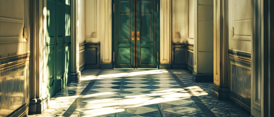 A stunning hallway bathed in sunlight casts intricate shadow patterns on the floor