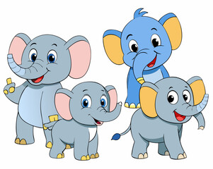 Four Elephants in Different Poses – Creative and Adorable Cartoon Illustrations.