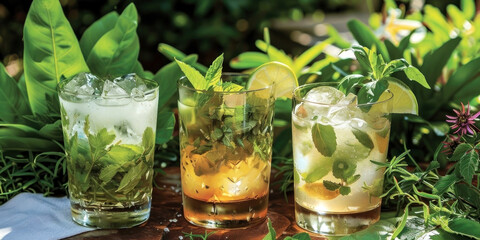 Fototapeta premium Refreshing and vibrant, this trio of herbal cocktails is perfect for a summer escape. Lush greenery and sunshine combine for ultimate relaxation. Generated AI