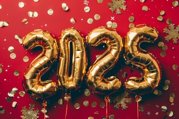 Fototapeta premium 2025 golden balloons with festive confetti on red background