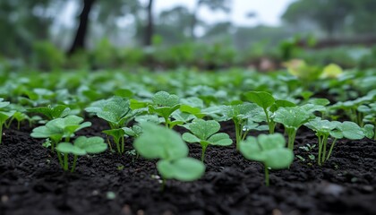 Green seedlings growing robustly in dark soil, surrounded by vibrant plant life, a symbol of natures resilience and renewal