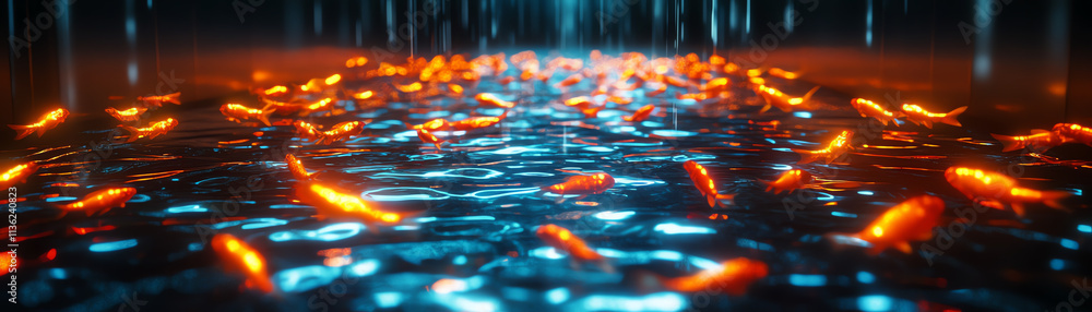 Poster abstract digital concept of glowing particles in a fluid-like environment.