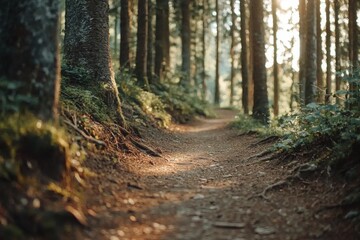 Action-packed running adventure cozy forest trail nature scene lush greenery ground level view embracing serenity and fitness
