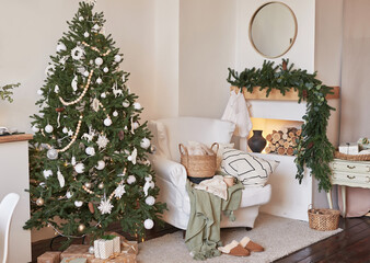 Christmas scandinavian living room. Green and white decor christmas tree background. New Year celebration. Merry Christmas and Happy New Year.