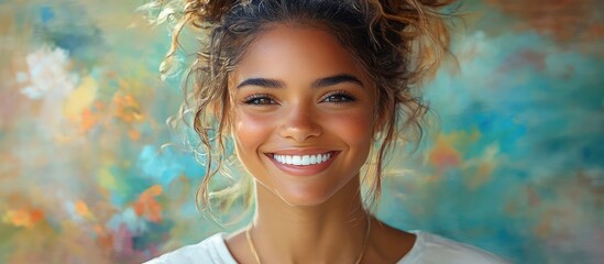 Happy young woman with curly hair smiling against an abstract background.