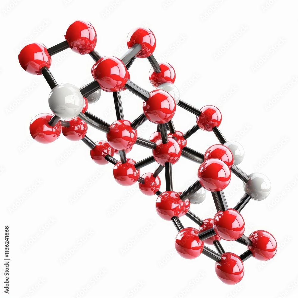 Poster red and white atoms are connecting, creating a complex molecular structure, visualized in a scientif