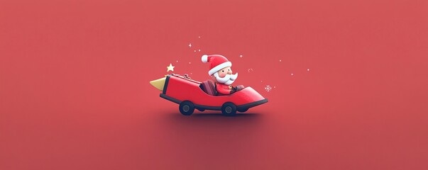 Santa claus is driving a rocket powered car to deliver christmas gifts