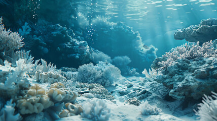Coral Bleaching from Rising Temperatures: An underwater image of bleached coral reefs due to rising ocean temperatures, showcasing climate change effects.