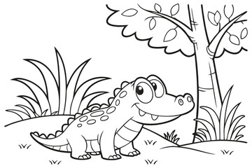 cute Crocodile Alligator, some grass and a tree, coloring book on white background