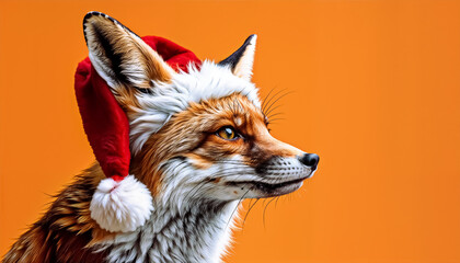 Obraz premium A close-up shot of a fox, wearing a fluffy red Santa hat | Merry Christmas with Happy New Year 