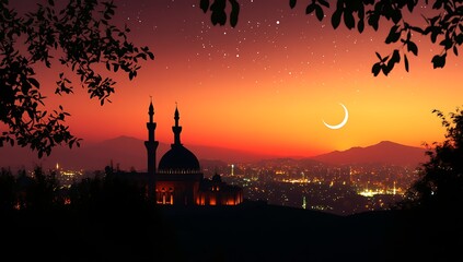Obraz premium Silhouette of a mosque at sunset with a crescent moon and city lights in the background, a Ramadan concept 