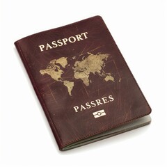 Worn burgundy passport displaying golden world map highlighting global travel concept