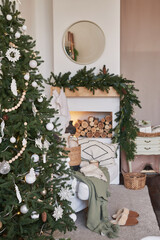 Christmas scandinavian living room. Green and white decor christmas tree background. New Year celebration. Merry Christmas and Happy New Year.