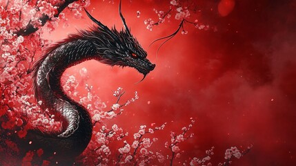 A majestic black dragon entwined in cherry blossoms, perfect for Asian art themes, New Year celebrations, or cultural events with serene yet powerful aesthetics.