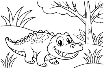 cute Crocodile Alligator, some grass and a tree, coloring book on white background