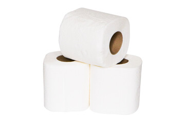 Toilet paper roll sanitary and household isolated on cut out PNG or transparent background. Tissue is lightweight paper paper used all over world. Detail of three single clean white toilet paper roll.