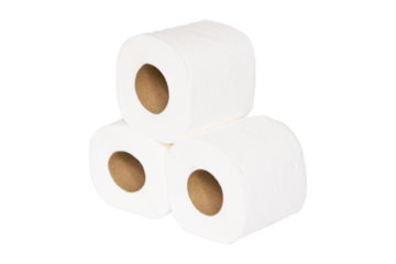 Toilet paper roll sanitary and household isolated on cut out PNG or transparent background. Detail of three single clean white toilet paper roll.	Tissue is lightweight paper paper used all over world.