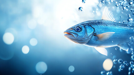 Fototapeta premium Close-up of a vibrant fish swimming through clear blue water and bubbles.