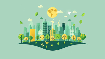 Fototapeta premium Sustainable cityscape with green energy symbols and vibrant foliage under a sunny sky