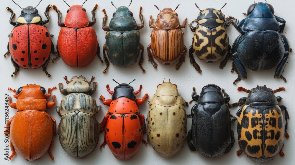 Poster a collection of colorful beetles displaying unique patterns and textures on a neutral background for