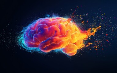A dynamic and colorful illustration of the human brain, splashed with bright, vibrant colors, symbolizing the spark of imagination and intelligence