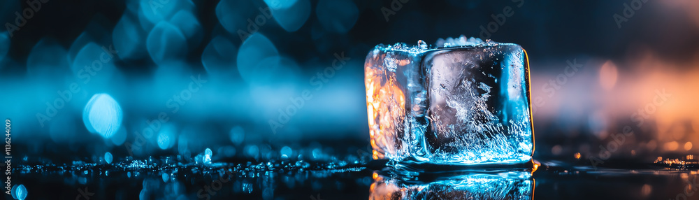 Aufkleber a close-up of a sparkling ice cube on a reflective surface with a vibrant background.