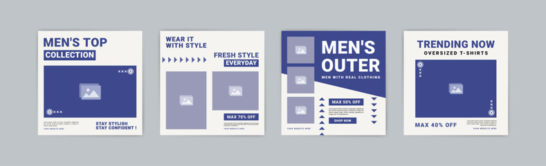 Social media post template for men's fashion sale. Men's fashion sale promotion banner. Men's fashion discount promotion.