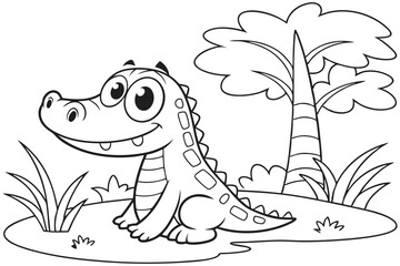 cute Crocodile Alligator, some grass and a tree, coloring book on white background