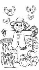 Naklejka premium Friendly Scarecrow Coloring Page - Cartoon Vegetable Garden Scene Generative aI