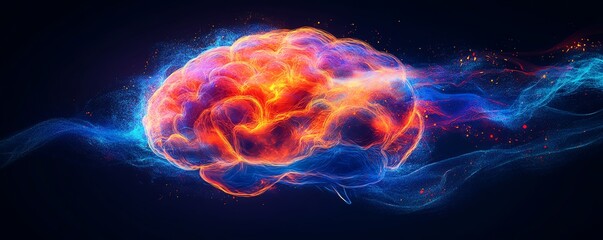 Fototapeta premium A human brain glowing with vibrant colors and creative splashes, symbolizing the endless potential of imagination and intelligence