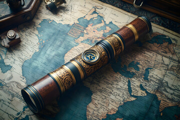 Antique spyglass rests on vintage world map. (1)