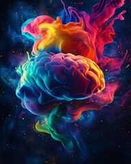 A human brain wrapped in an explosion of colorful, vibrant hues, symbolizing the limitless potential of creativity and intelligence
