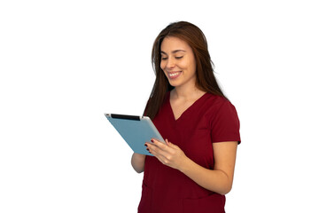 Professional Latina nurse in scrubs holding a tablet