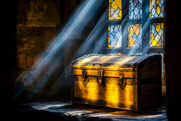 Antique wooden chest illuminated by sunlight streaming through a stained-glass window.
