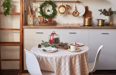Christmas kitchen and table. Red, green and white decor christmas tree background. New Year celebration. Merry Christmas and Happy New Year.