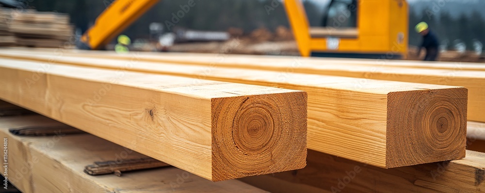 Aufkleber squared timber beams waiting for processing at construction site with crane in background
