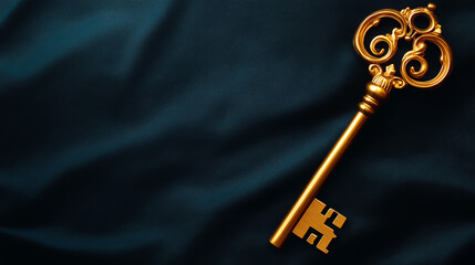 Elegant golden key resting on a luxurious fabric, symbolizing success and opportunity.