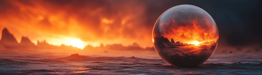 Fototapeta premium A textured sphere on the ground reflecting a vibrant fiery landscape at twilight, enhancing the dramatic visual effect of the scene
