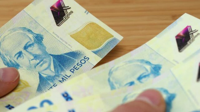 Argentina money. New banknotes of 20,000 Argentine pesos. Financial business concept. Close up
