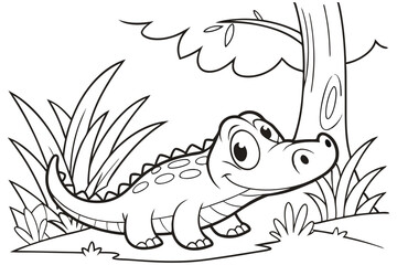 cute Crocodile Alligator, some grass and a tree, coloring book on white background