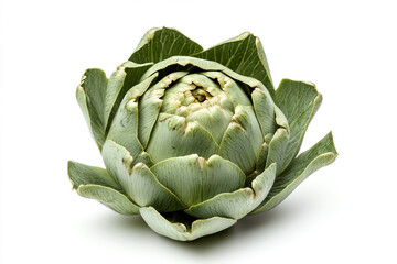 Obraz premium Artichoke with green leaves presented against a white background highlighting its natural texture