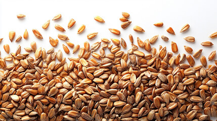 A high angle shot of many light brown, oblong seeds are spread out on a white background.