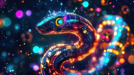 Fototapeta premium Futuristic robot snake slithering through digital world