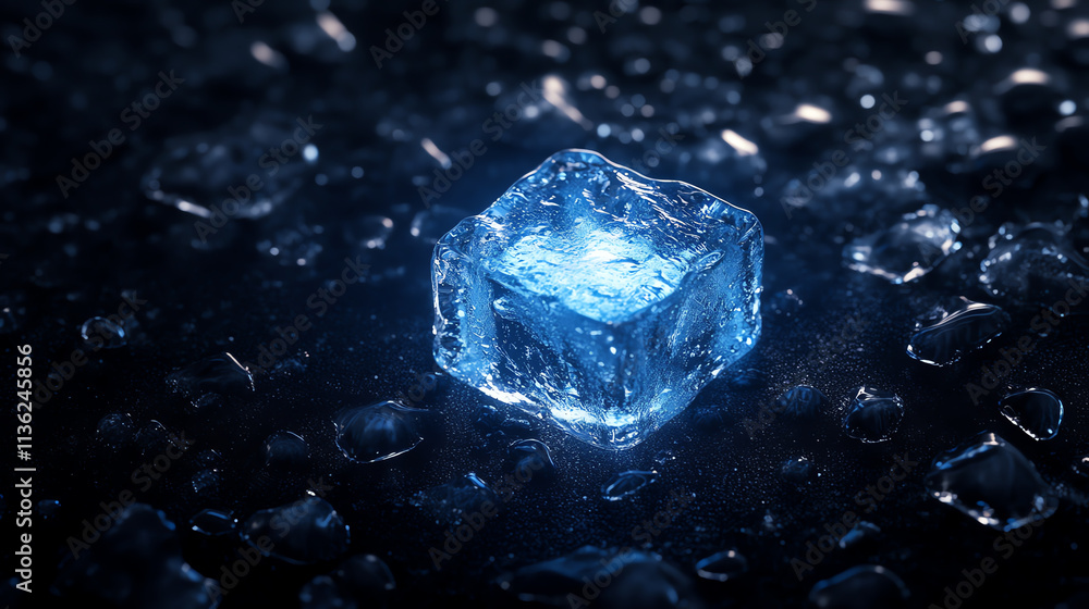 Poster close-up of a shining ice cube on a dark surface with droplets of water.