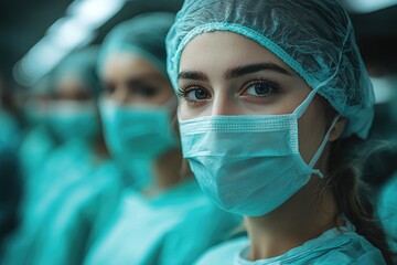 A woman in a hospital setting wearing a mask and a white lab coat