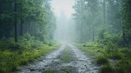 Obraz premium Wildlife Trails in Forest: A Serene Dirt Road Surrounded by Lush Greenery, Perfect for Nature Lovers and Outdoor Enthusiasts Seeking Scenic Views and Adventure in Natural Settings