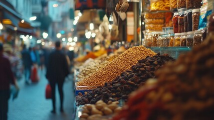 Spices, nuts, and dried fruits overflowing at a bustling turkish bazaar